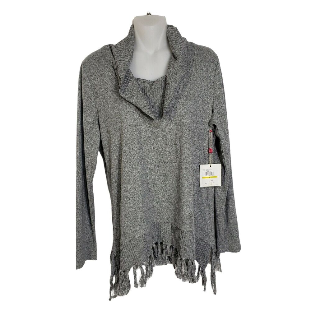 Rafaella Womens Sweater Medium Gray Turtleneck Fringe Bottom Long Sleeves Ribbed
